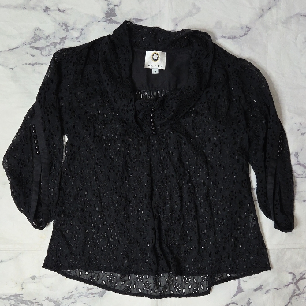 Vintage Mayle Silk Black Eyelet Button blouse with Roll-Tab Sleeves